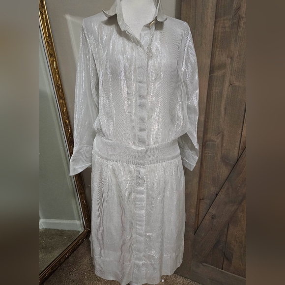 GRETCHEN SCOTT Breezy Blouson Dress- Glinda lurex -silver/white. Size Medium - Picture 7 of 16